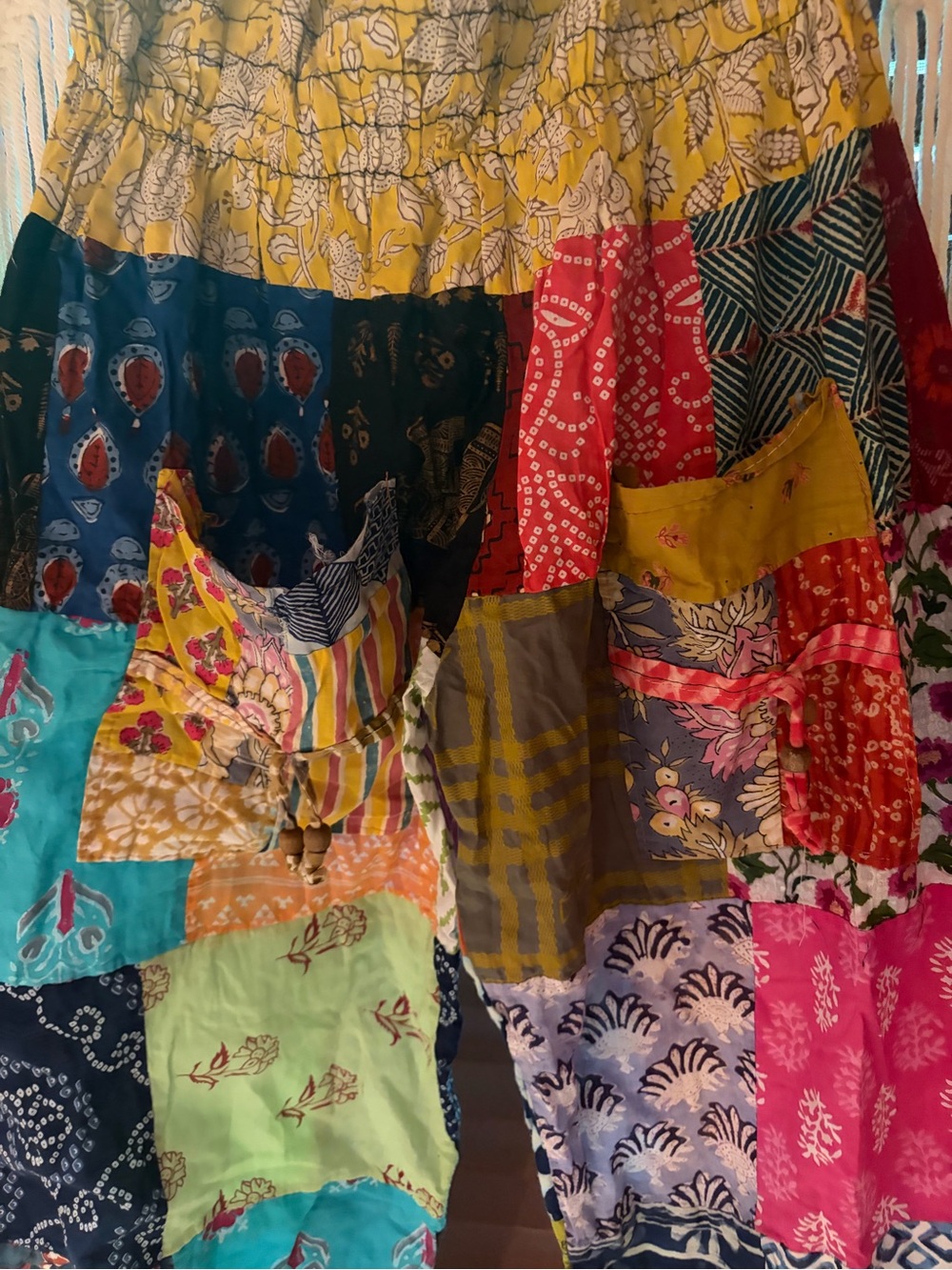 Boho patchwork pants jogger pockets cotton OS free size Jessica Taylor s m l - Picture 4 of 10
